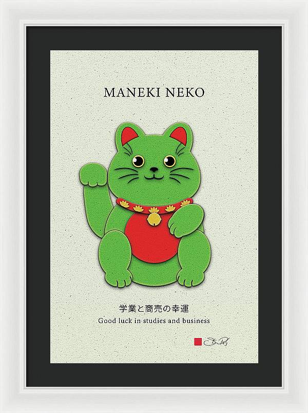 Green Maneki-Neko Promoting Growth and Success - Framed Print - vrmediadecor.vrmedia.com.au