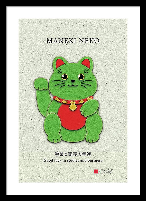 Green Maneki-Neko Promoting Growth and Success - Framed Print - vrmediadecor.vrmedia.com.au