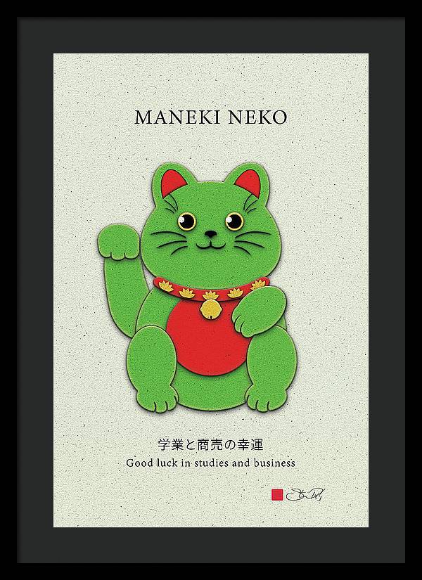Green Maneki-Neko Promoting Growth and Success - Framed Print - vrmediadecor.vrmedia.com.au