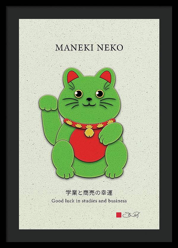 Green Maneki-Neko Promoting Growth and Success - Framed Print - vrmediadecor.vrmedia.com.au