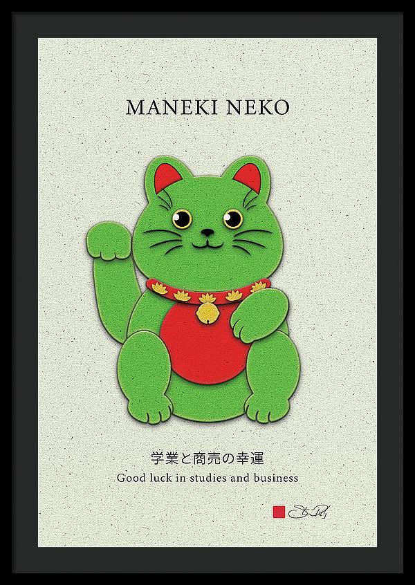 Green Maneki-Neko Promoting Growth and Success - Framed Print - vrmediadecor.vrmedia.com.au