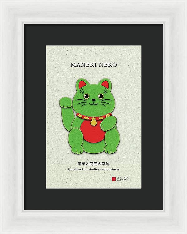 Green Maneki-Neko Promoting Growth and Success - Framed Print - vrmediadecor.vrmedia.com.au