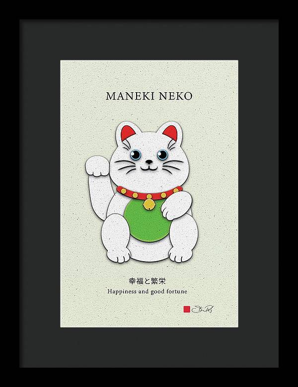 White Maneki-Neko Providing Purity and Happiness - Framed Print - vrmediadecor.vrmedia.com.au