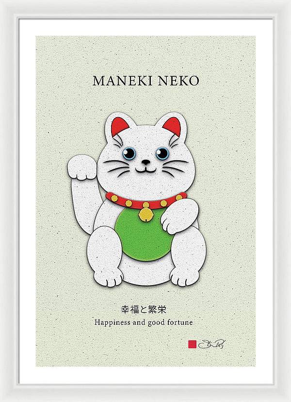 White Maneki-Neko Providing Purity and Happiness - Framed Print - vrmediadecor.vrmedia.com.au