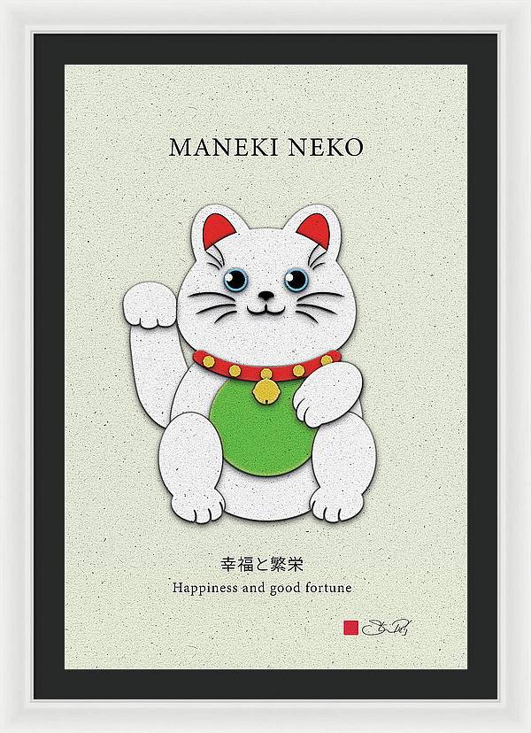White Maneki-Neko Providing Purity and Happiness - Framed Print - vrmediadecor.vrmedia.com.au