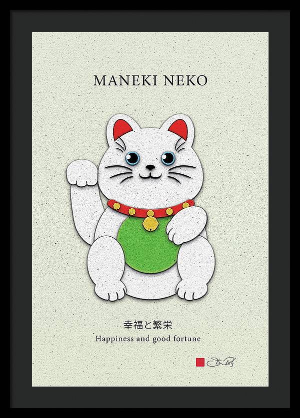 White Maneki-Neko Providing Purity and Happiness - Framed Print - vrmediadecor.vrmedia.com.au