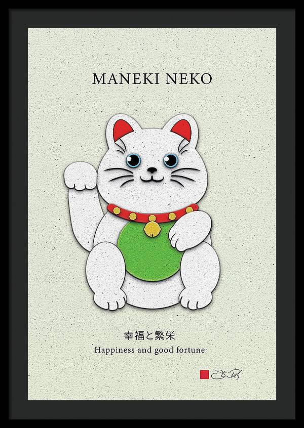 White Maneki-Neko Providing Purity and Happiness - Framed Print - vrmediadecor.vrmedia.com.au