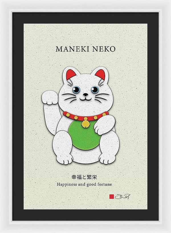 White Maneki-Neko Providing Purity and Happiness - Framed Print - vrmediadecor.vrmedia.com.au