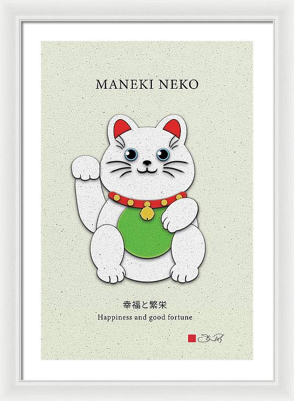 White Maneki-Neko Providing Purity and Happiness - Framed Print - vrmediadecor.vrmedia.com.au