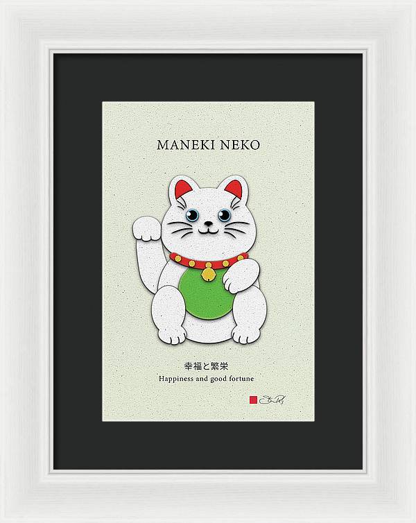 White Maneki-Neko Providing Purity and Happiness - Framed Print - vrmediadecor.vrmedia.com.au
