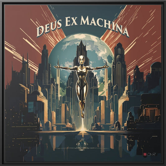 Deus Ex Machina Art Deco retro futurist framed canvas art by Steve Riley — a chrome deity rising above a futuristic cityscape
