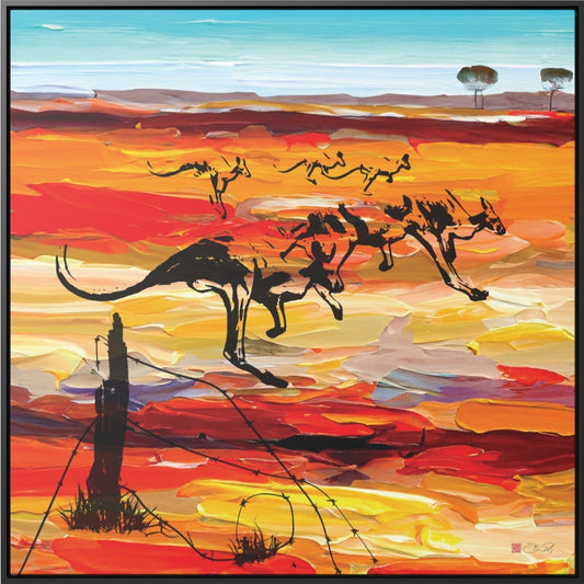 Mob Australian outback kangaroo silhouette framed canvas art by Steve Riley in fiery oranges reds and golds