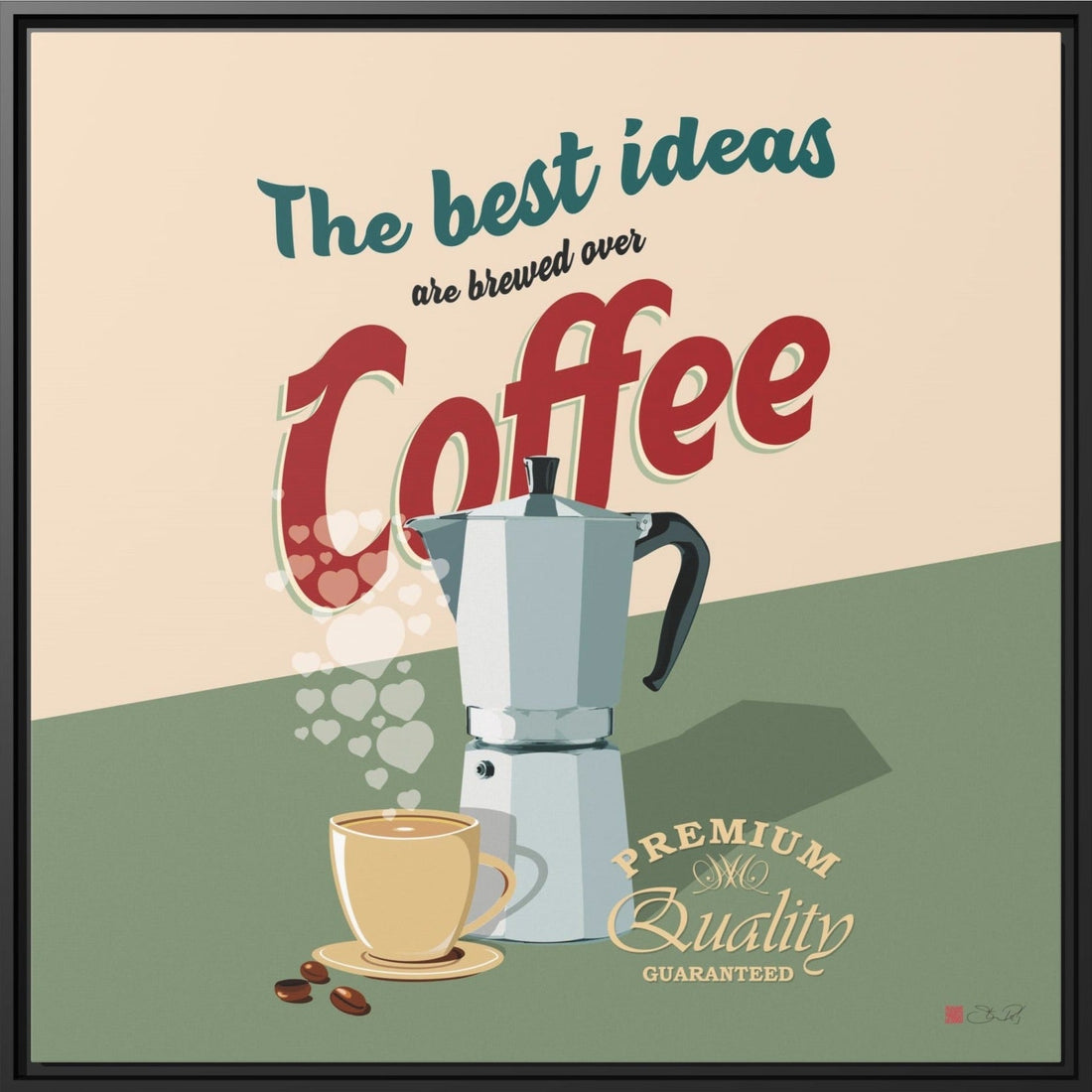 The Best Ideas Are Brewed Over Coffee retro vintage style framed canvas art by Steve Riley