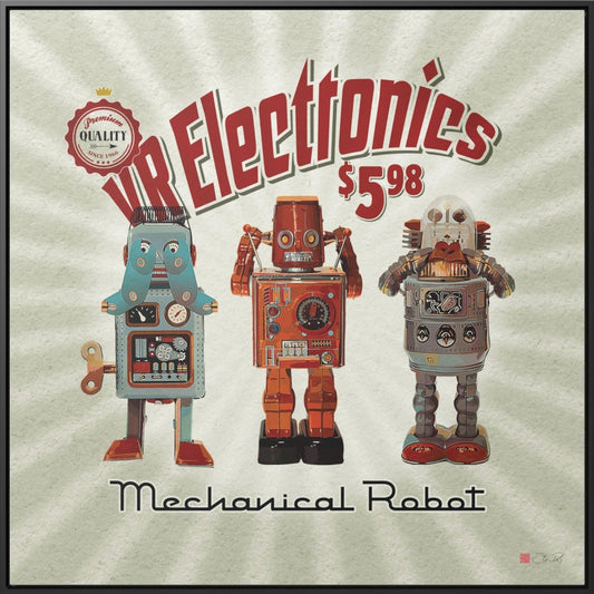 3 Wise Robots vintage tin robot style framed canvas art by Steve Riley
