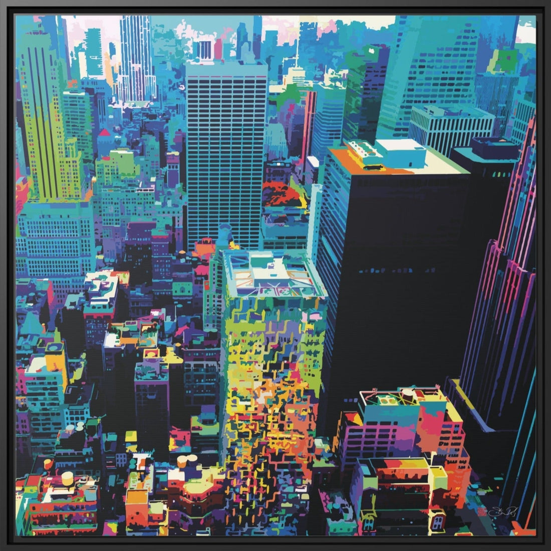 Manhattan psychedelic colourful NYC skyline framed canvas art by Steve Riley