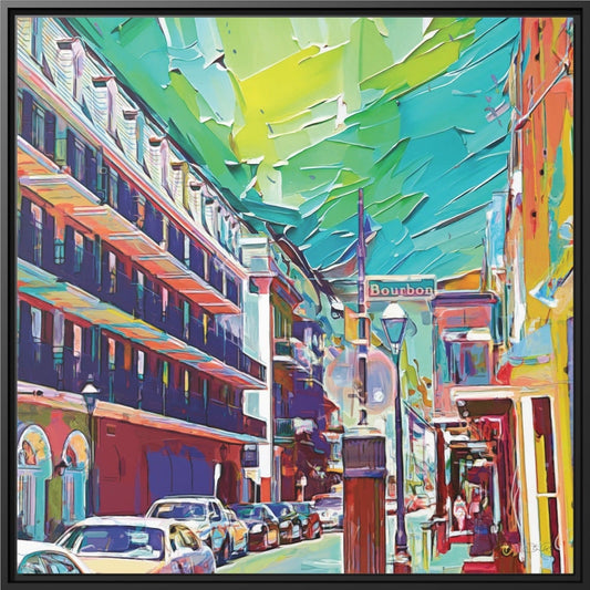 The French Quarter Bourbon Street New Orleans bold colourful framed canvas art by Steve Riley