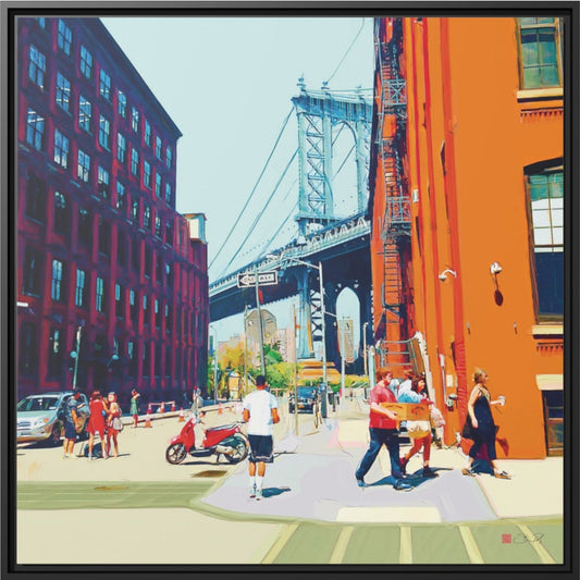 Summer in Dumbo Brooklyn minimalist framed canvas art by Steve Riley featuring the Manhattan Bridge