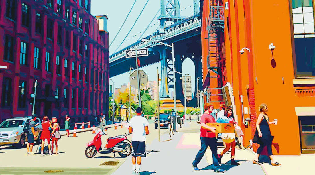 A framed canvas print featuring a colorful and vibrant depiction of a city street in Dumbo, New York, with the Manhattan Bridge in the background.