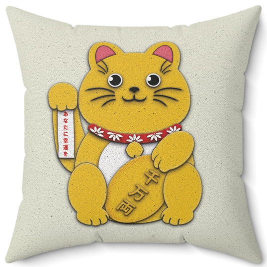 Gold Right Paw Maneki-Neko Spun Polyester Square Pillow