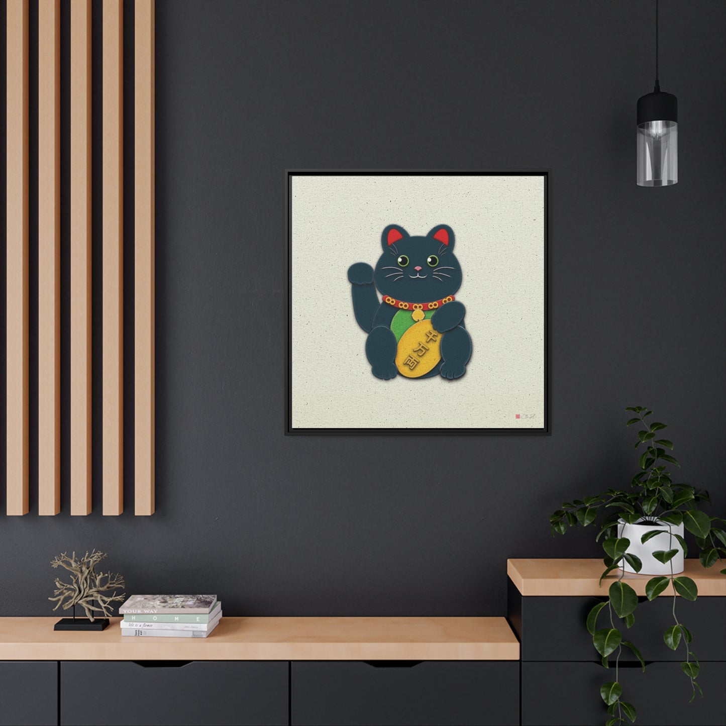 32x32" Framed Canvas: "Black Maneki-Neko"