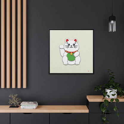 32x32" Framed Canvas: "White Maneki-Neko"