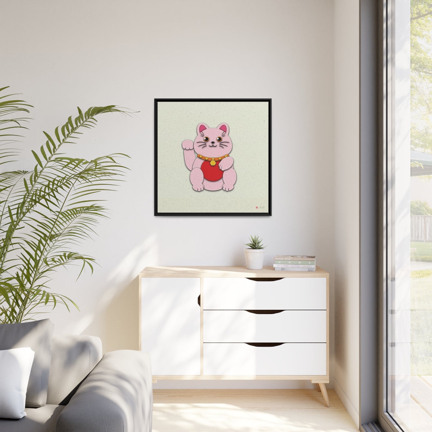 32x32" Framed Canvas: "Pink Maneki-Neko"