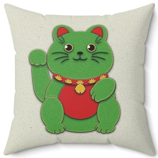 Green Maneki-Neko Spun Polyester Square Pillow