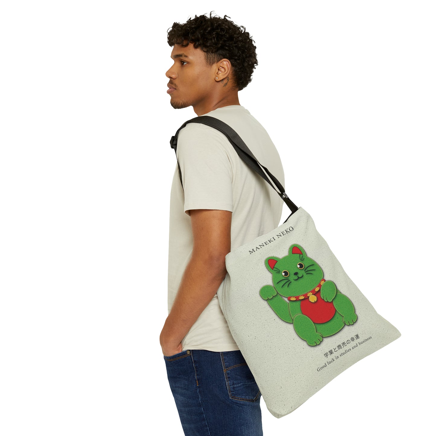 Green Maneki Neko Adjustable Tote Bag