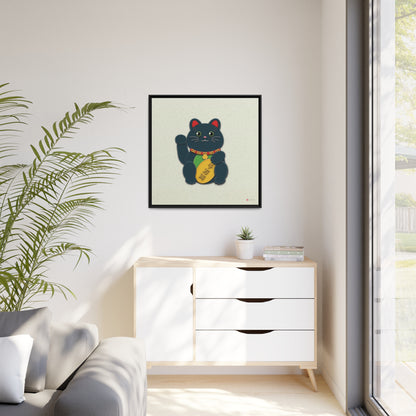 32x32" Framed Canvas: "Black Maneki-Neko"