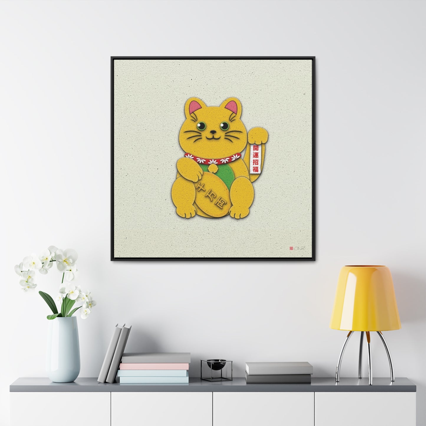 36x36" Framed Canvas Print: "Gold Left Paw Maneki-Neko"