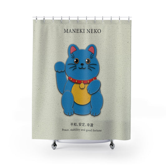 Blue Maneki-Neko Bringing Peace, Stability Shower Curtain