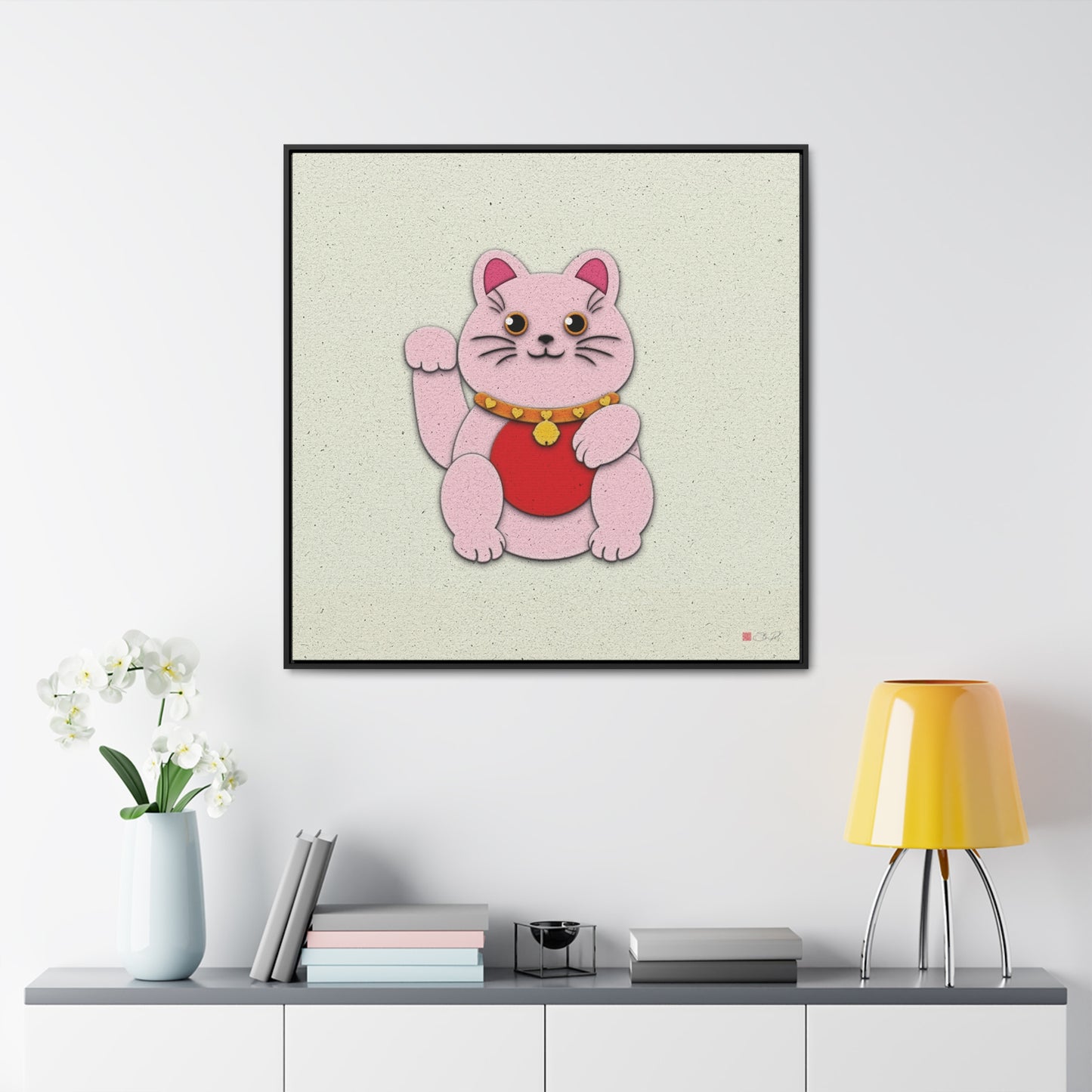 36x36" Framed Canvas Print: "Pink Maneki-Neko"