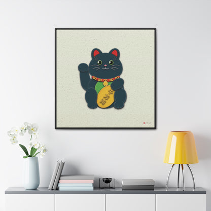 36x36" Framed Canvas Print: "Black Maneki-Neko Protection"