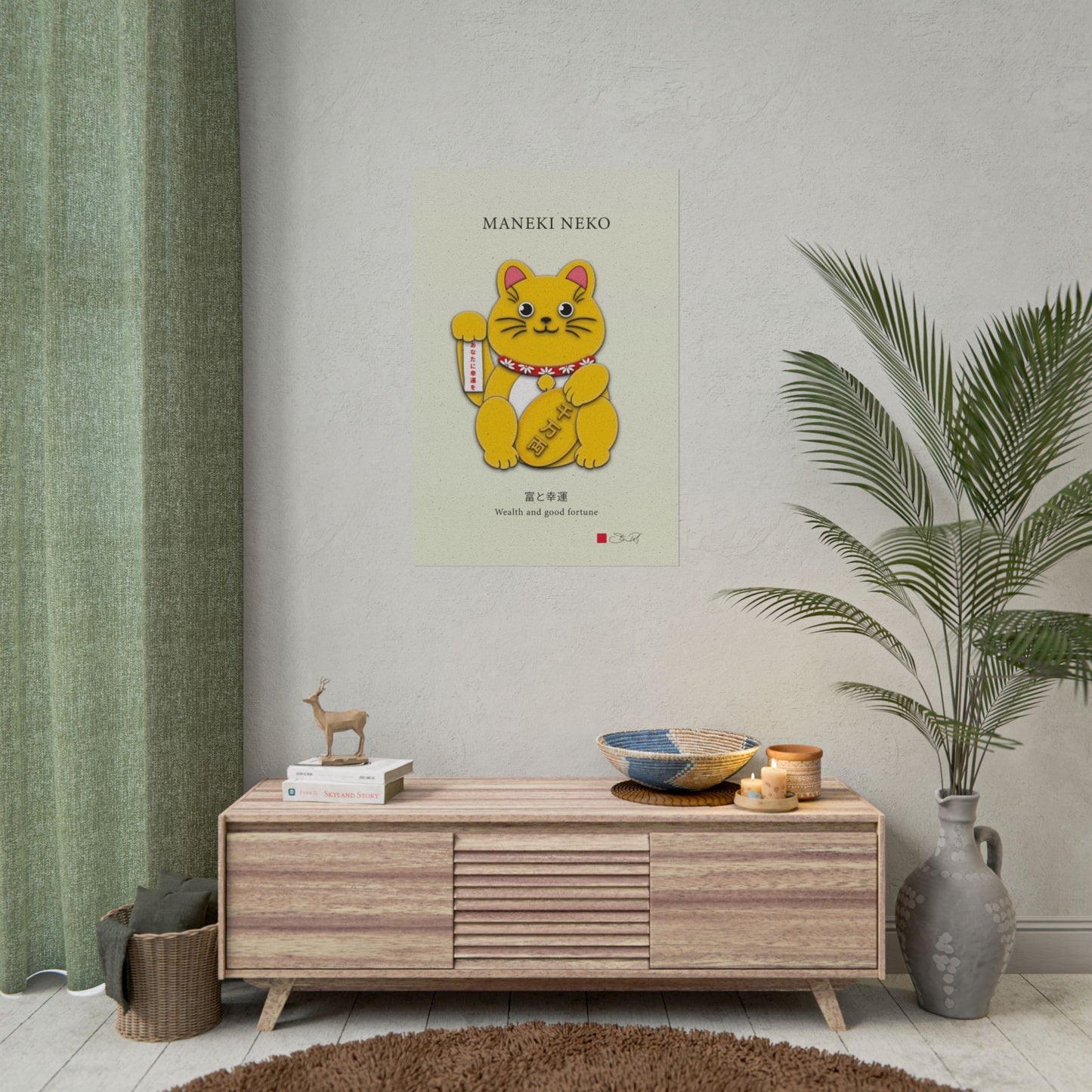 Gold Right Paw Maneki-Neko Kirigami Style Art Rolled Posters