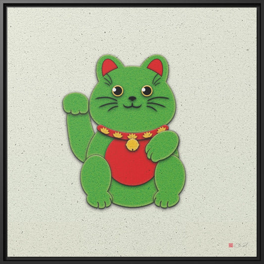 32x32" Framed Canvas: "Green Maneki-Neko"