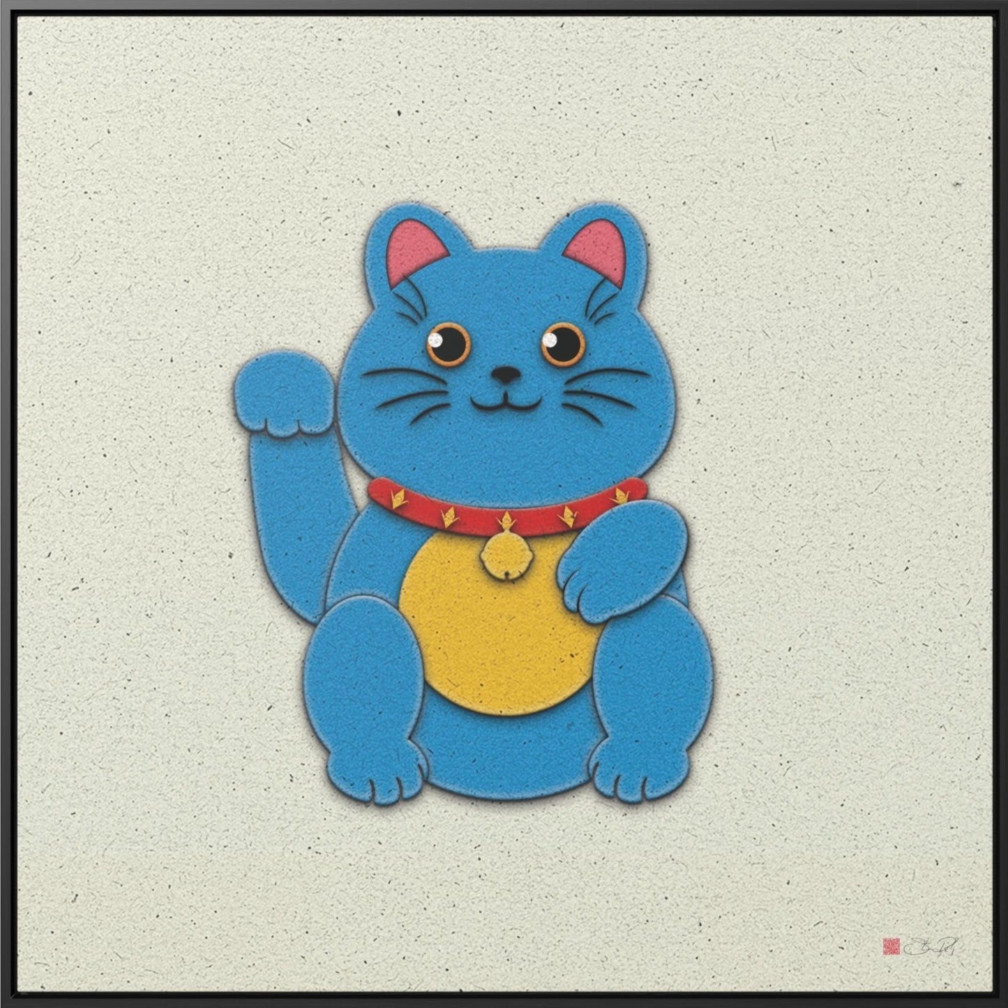 36x36" Framed Canvas Print: "Blue Maneki-Neko"