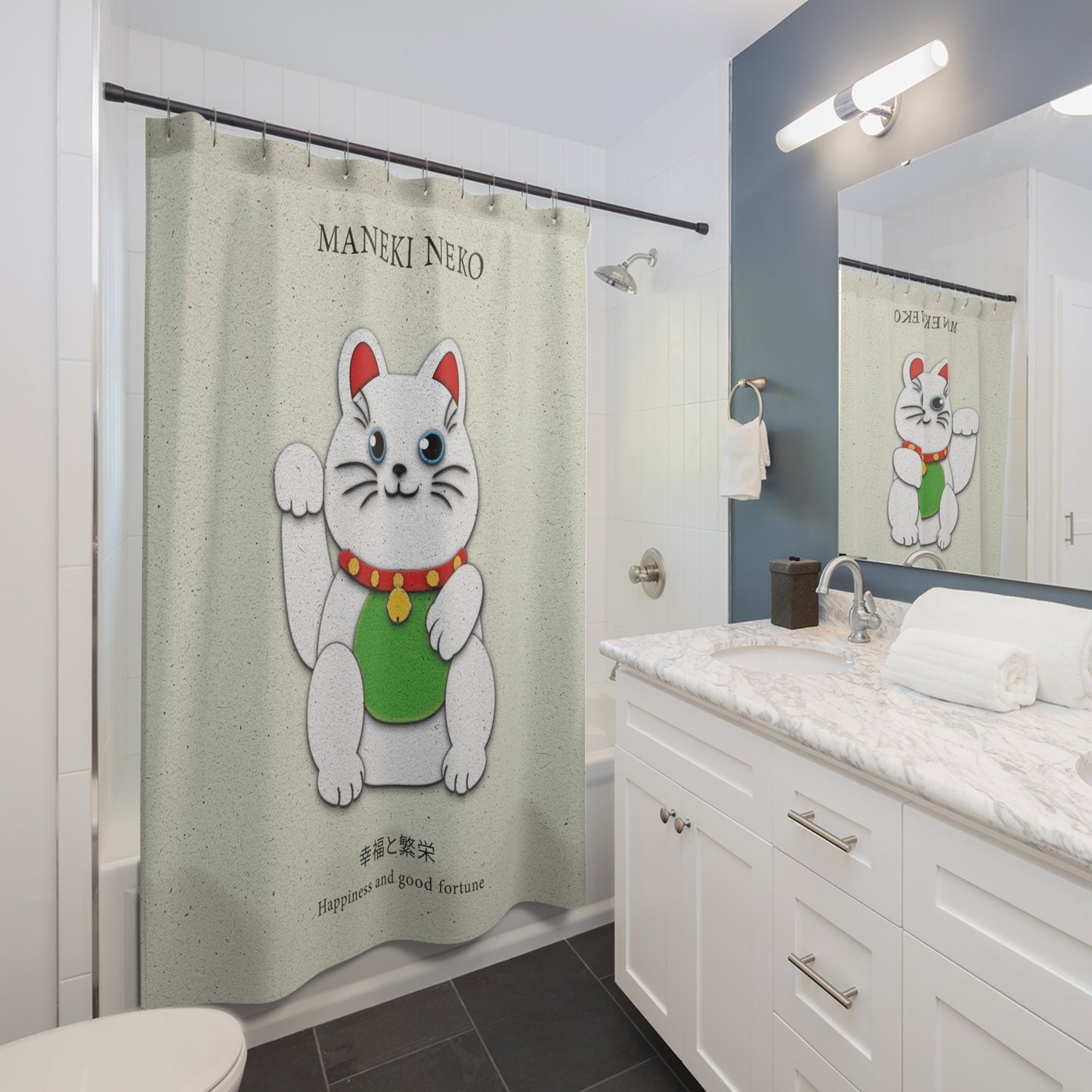 White Maneki-Neko Providing Purity and Happiness - Shower Curtain