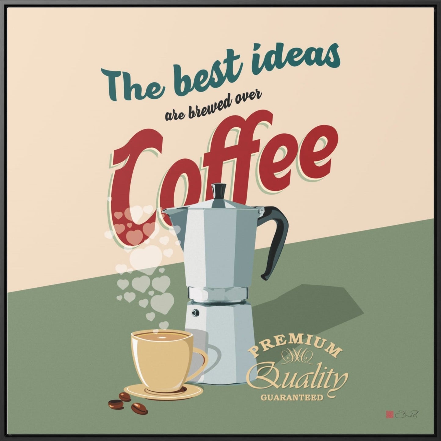 36x36" Framed Canvas Print: "The best ideas are brewed over coffee"