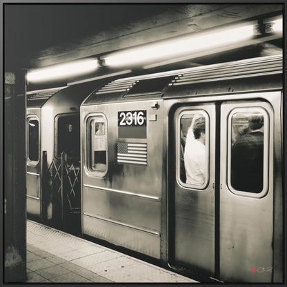 36x36" Framed Canvas Print: "Retro Subway Train 2316 BW"