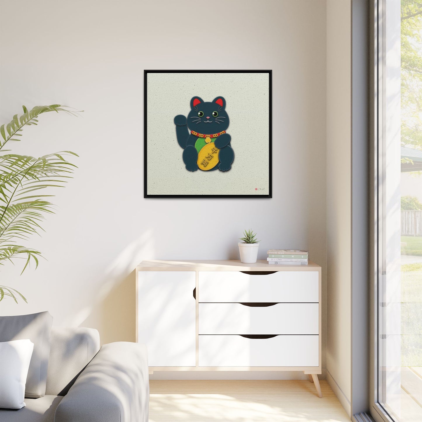 Black Maneki-Neko - 36x36" Framed Canvas