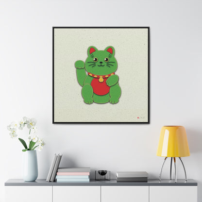 36x36" Framed Canvas Print: "Green Maneki-Neko"