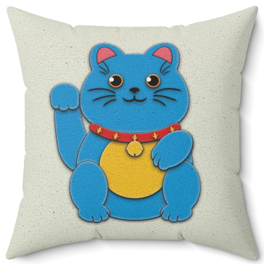 Blue Maneki-Neko Spun Polyester Square Pillow