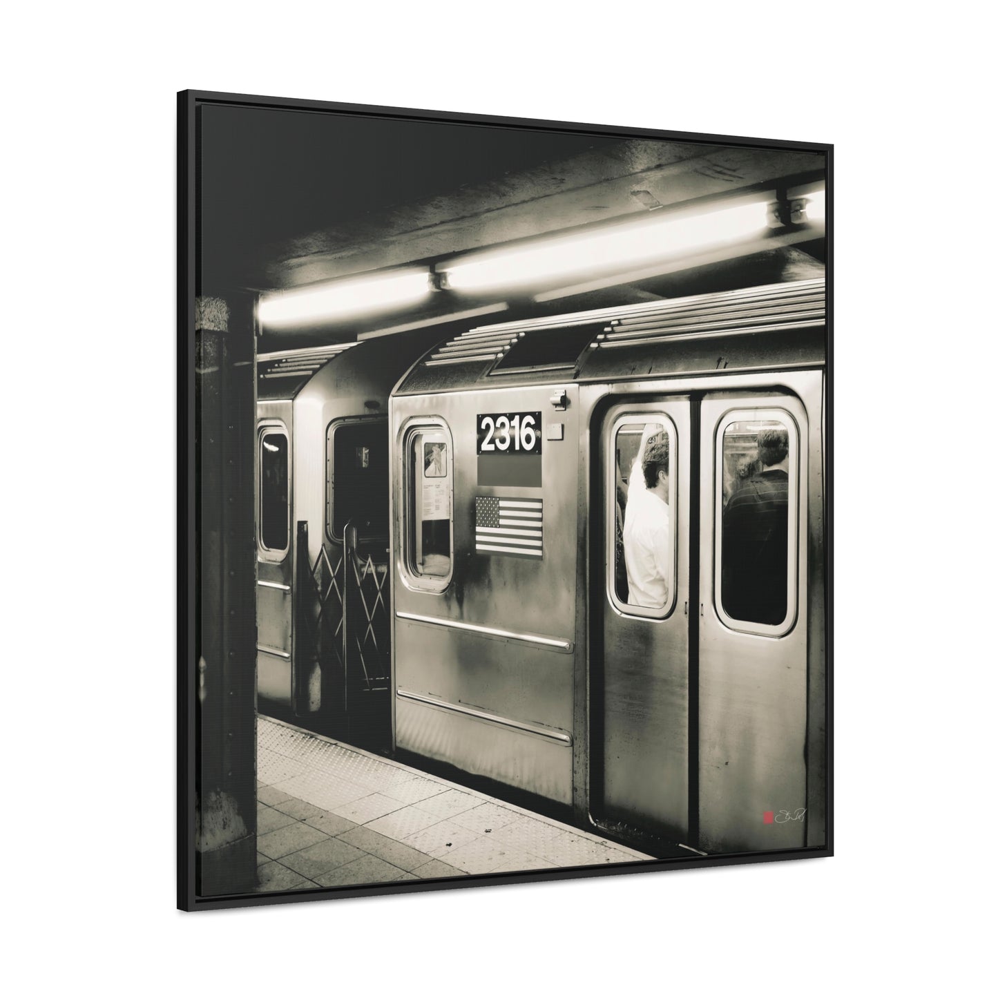 36x36" Framed Canvas Print: "Retro Subway Train 2316 BW"