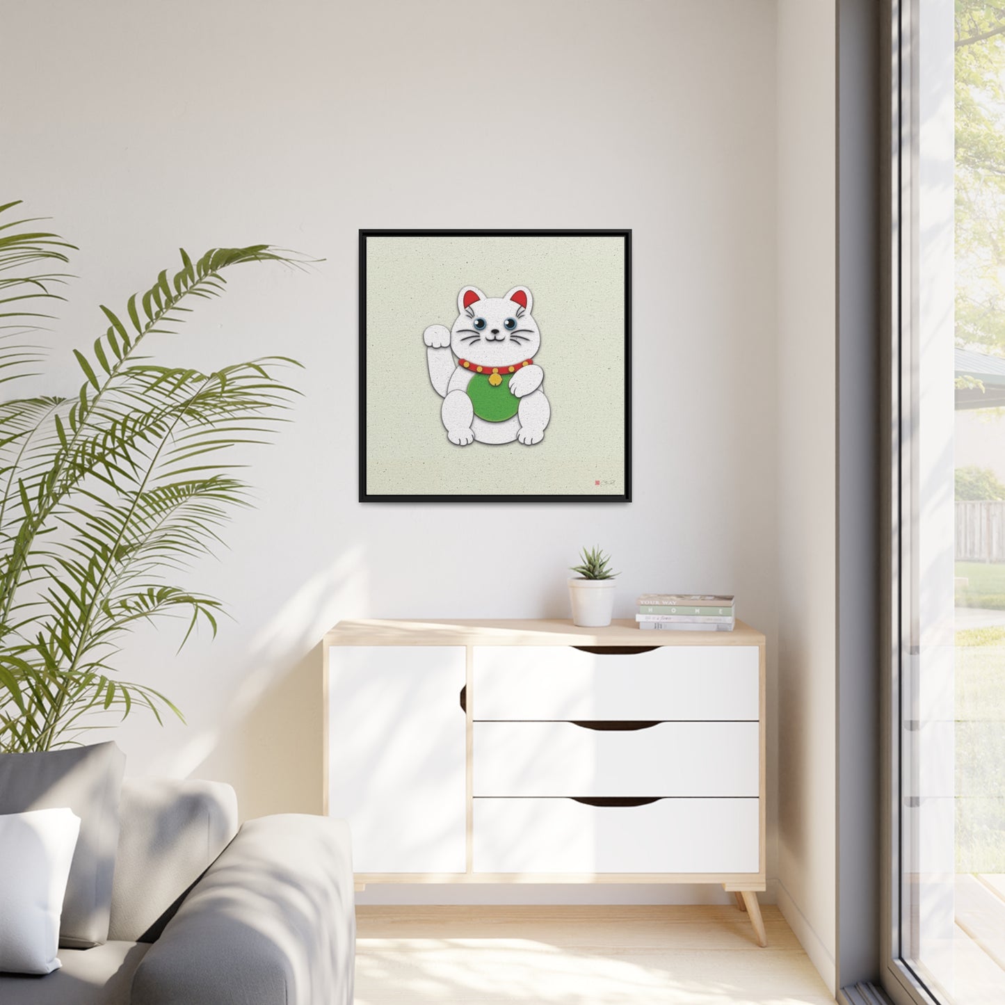 32x32" Framed Canvas: "White Maneki-Neko"