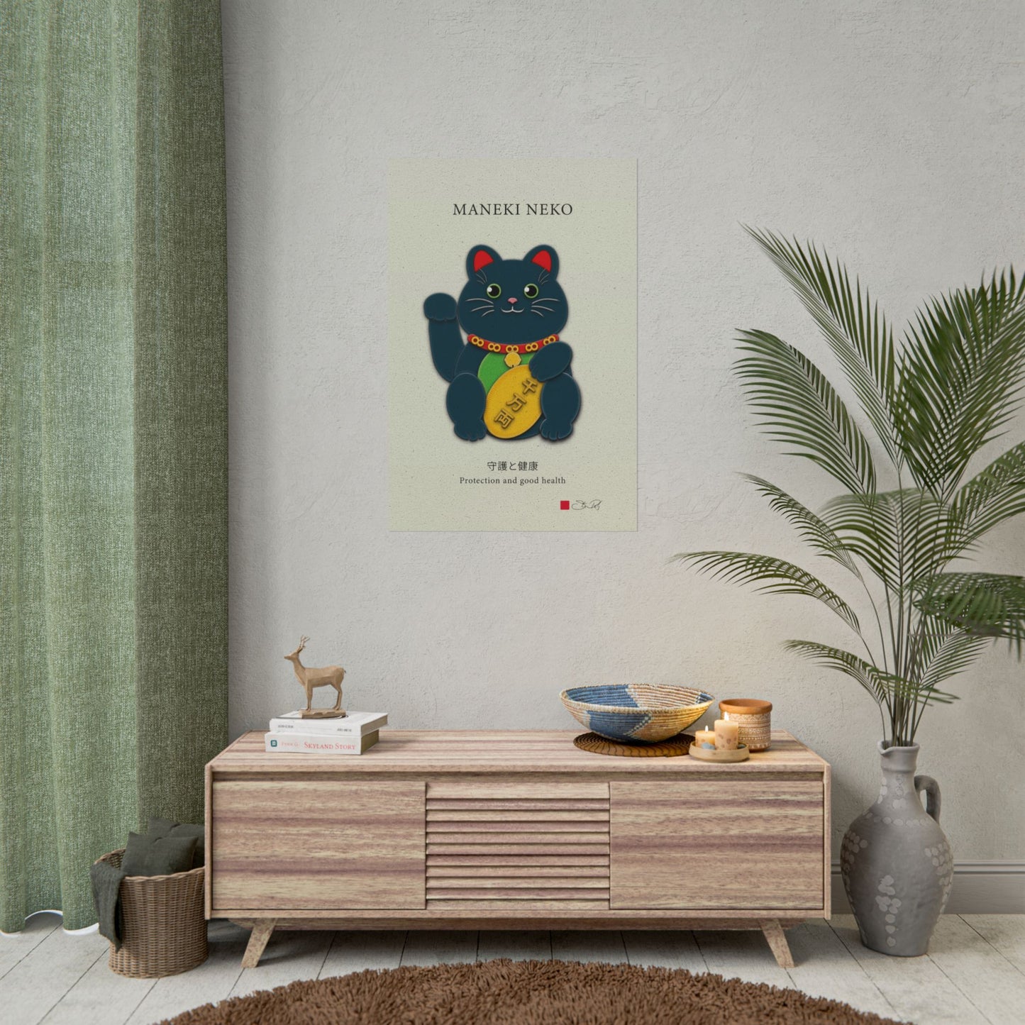 Black Maneki-Neko Kirigami Style Art Rolled Posters