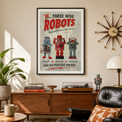 A framed retro-style poster reading 'Three Wise Robots' hangs on a beige wall above a wooden console table in a styled living room. The poster features three colorful robots, and the room includes a plant, lamp, chair, and starburst wall clock.