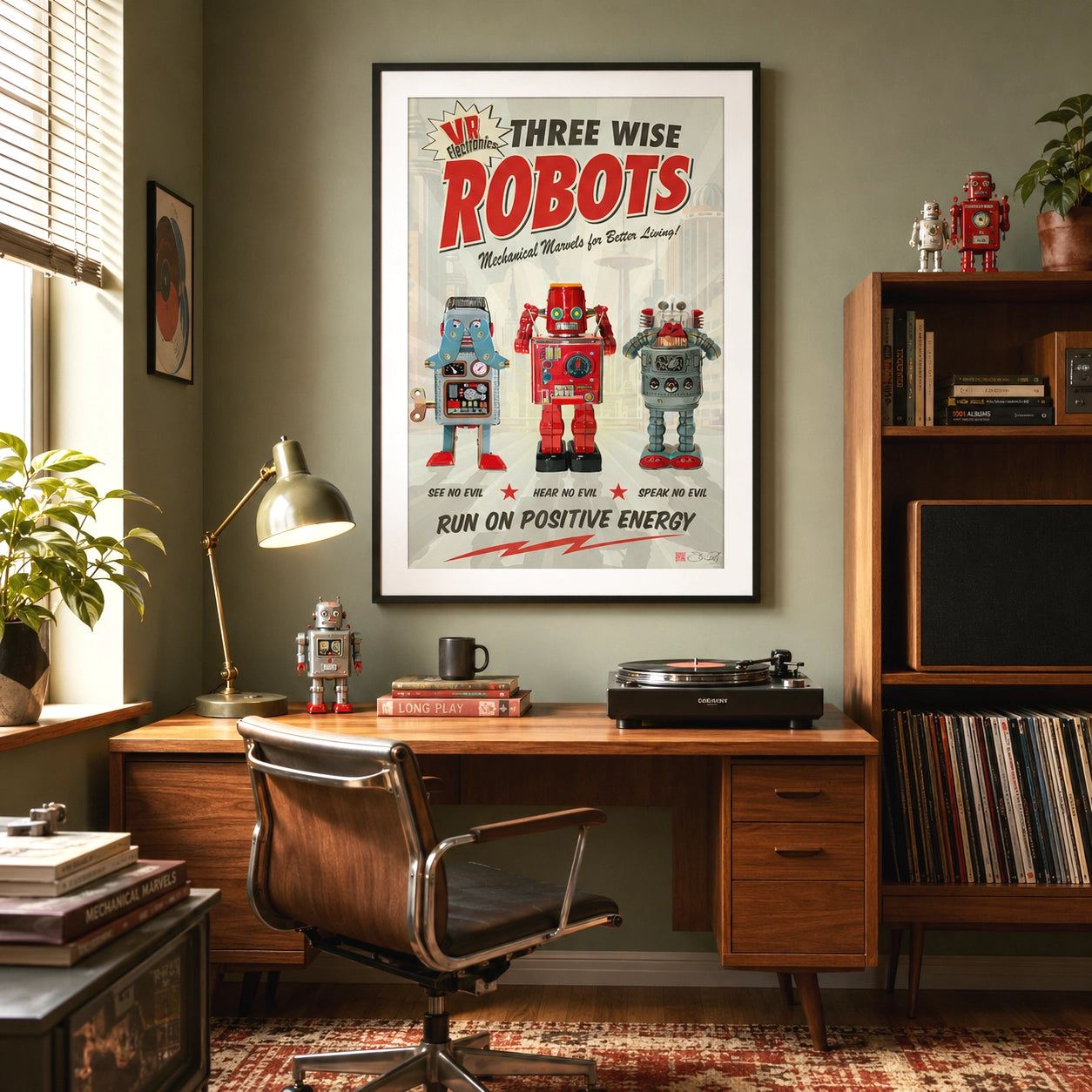 A framed retro-style poster reading 'Three Wise Robots' hangs on a sage green wall above a wooden desk in a styled home office. The poster features three colorful robot illustrations, and the room includes a desk chair, lamp, plants, records, and shelving.