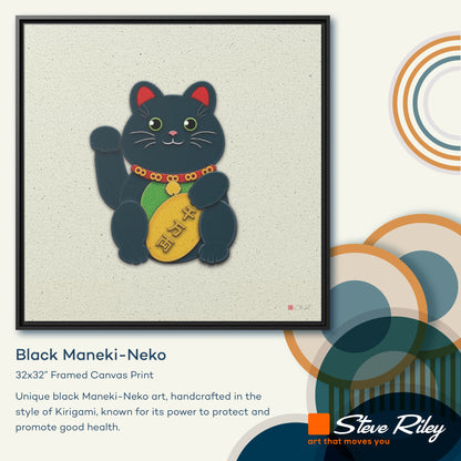 32x32" Framed Canvas: "Black Maneki-Neko"