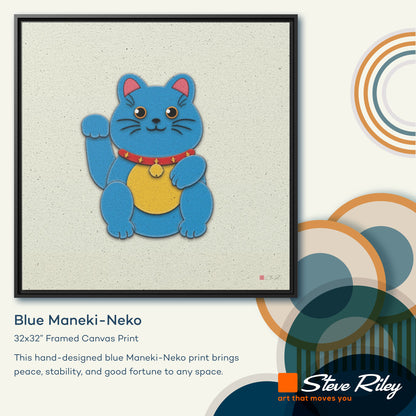 32x32" Framed Canvas: "Blue Maneki-Neko"