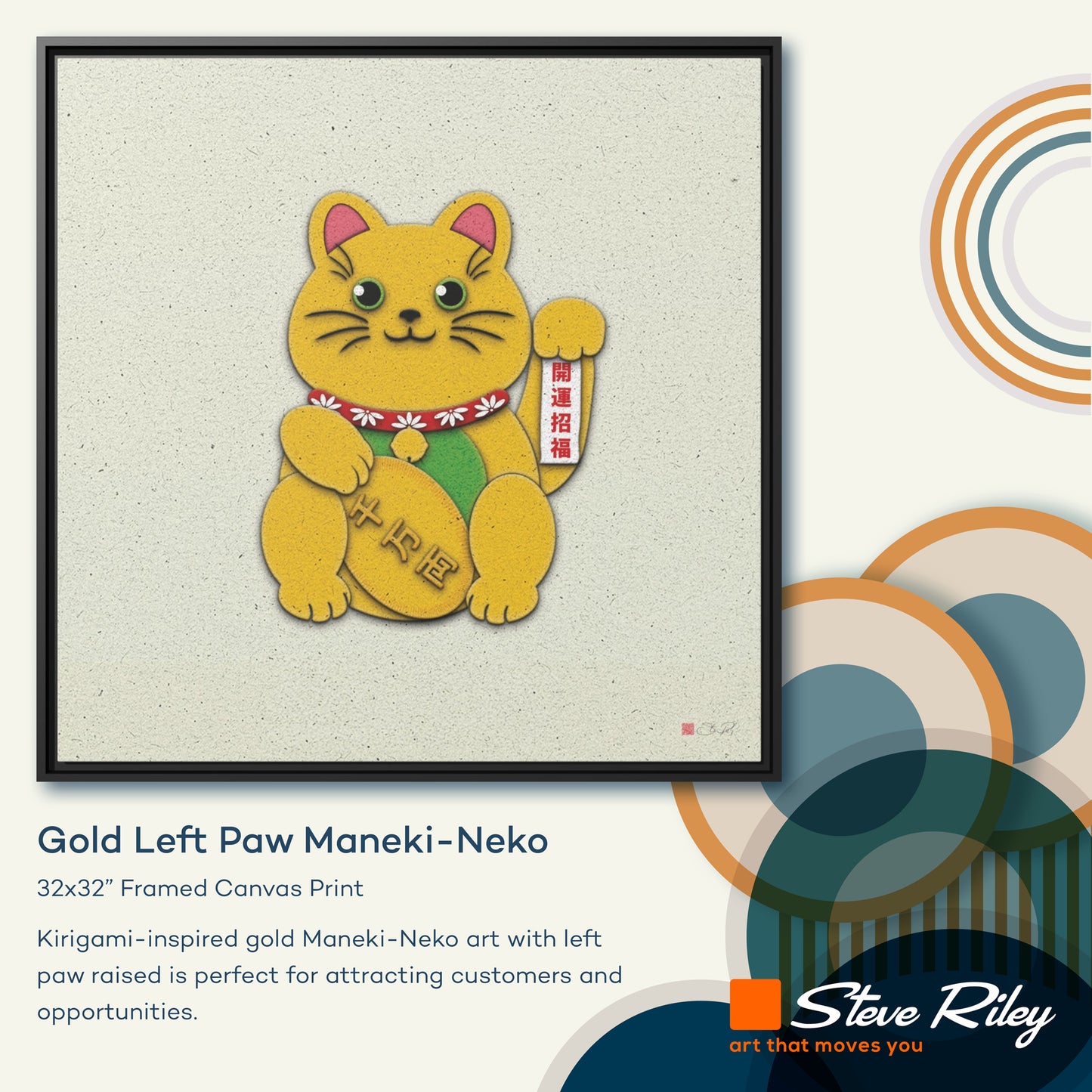 32x32" Framed Canvas: "Gold Left Paw Maneki-Neko"